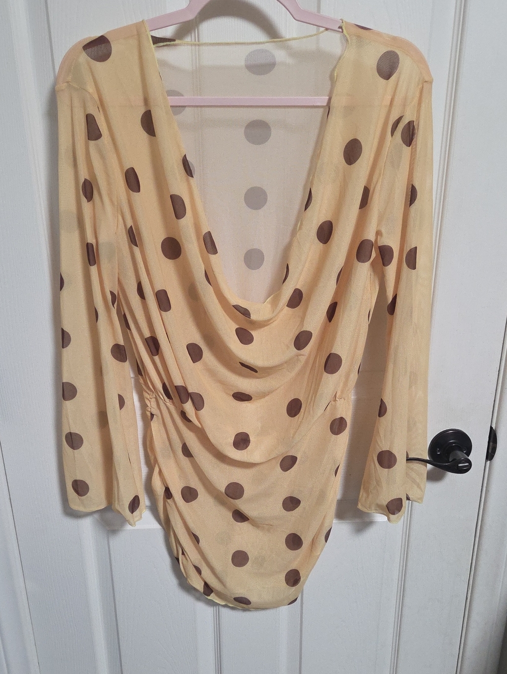 Polka Dot Draped Sheer Top in Beige and Brown